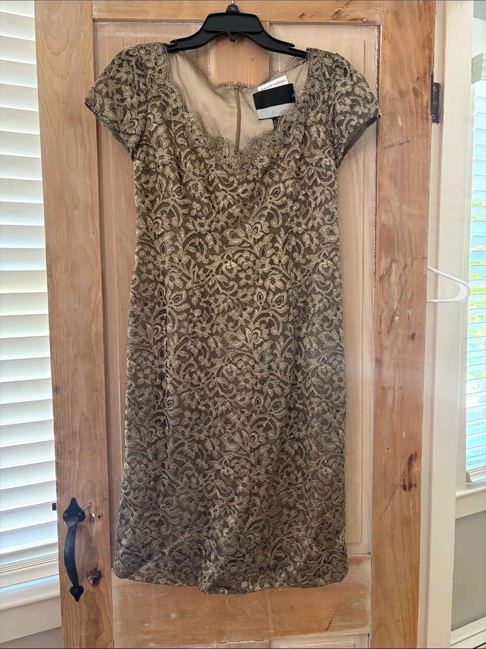 Carmen Marc Valvo gold lace dress